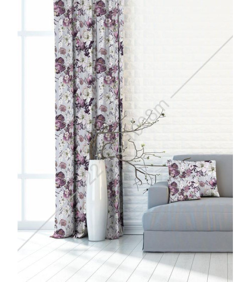 Tkanina zasłonowa kwiatowa, fioletowo-szara 150cm