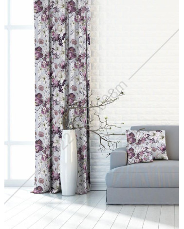 Tkanina zasłonowa kwiatowa, fioletowo-szara 150cm