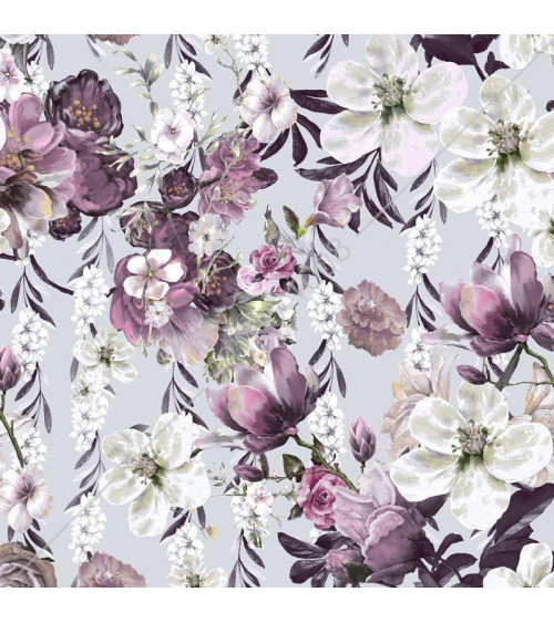 Tkanina zasłonowa kwiatowa, fioletowo-szara 150cm