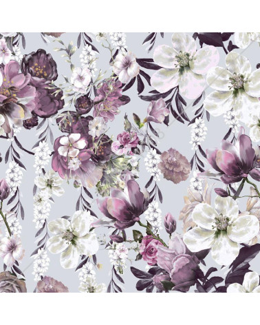Tkanina zasłonowa kwiatowa, fioletowo-szara 150cm